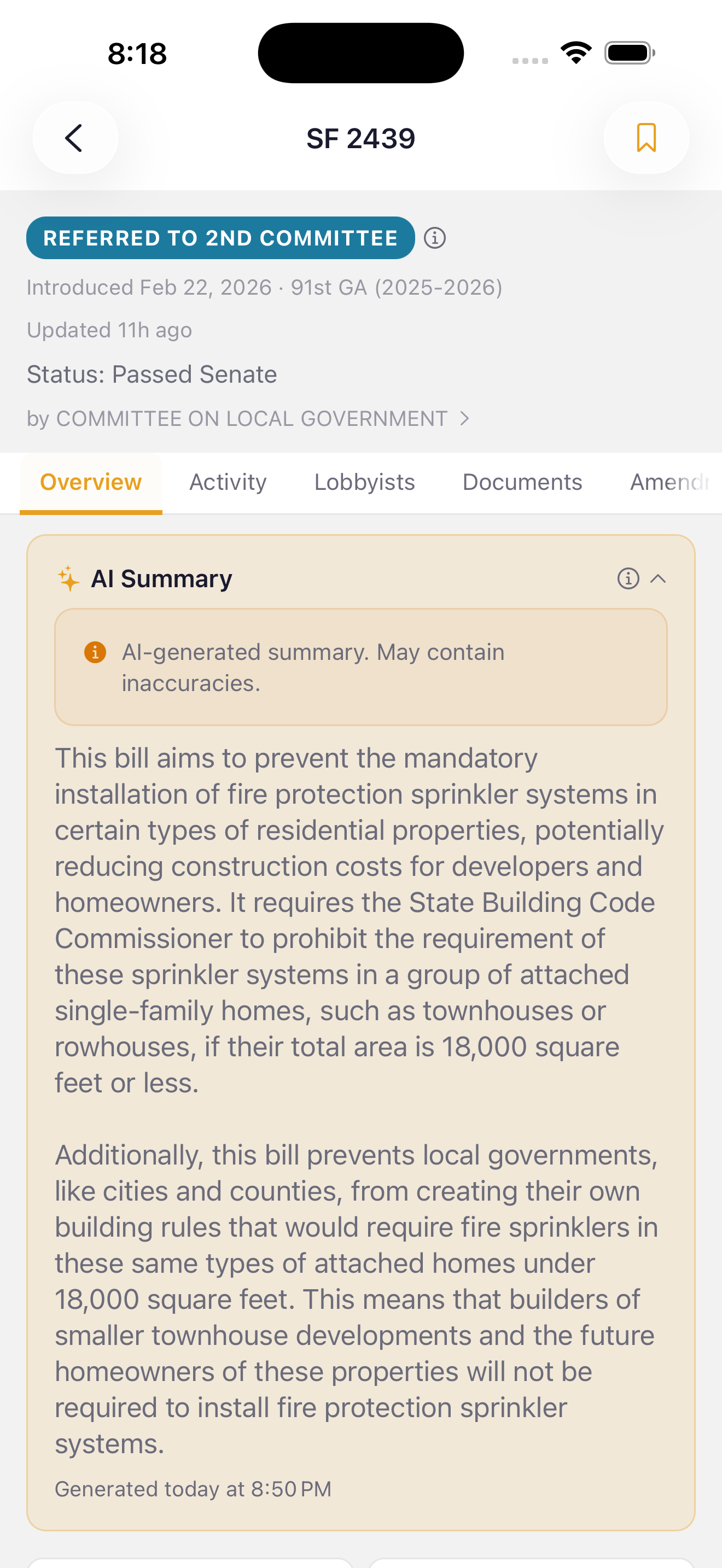 AI bill summary screen