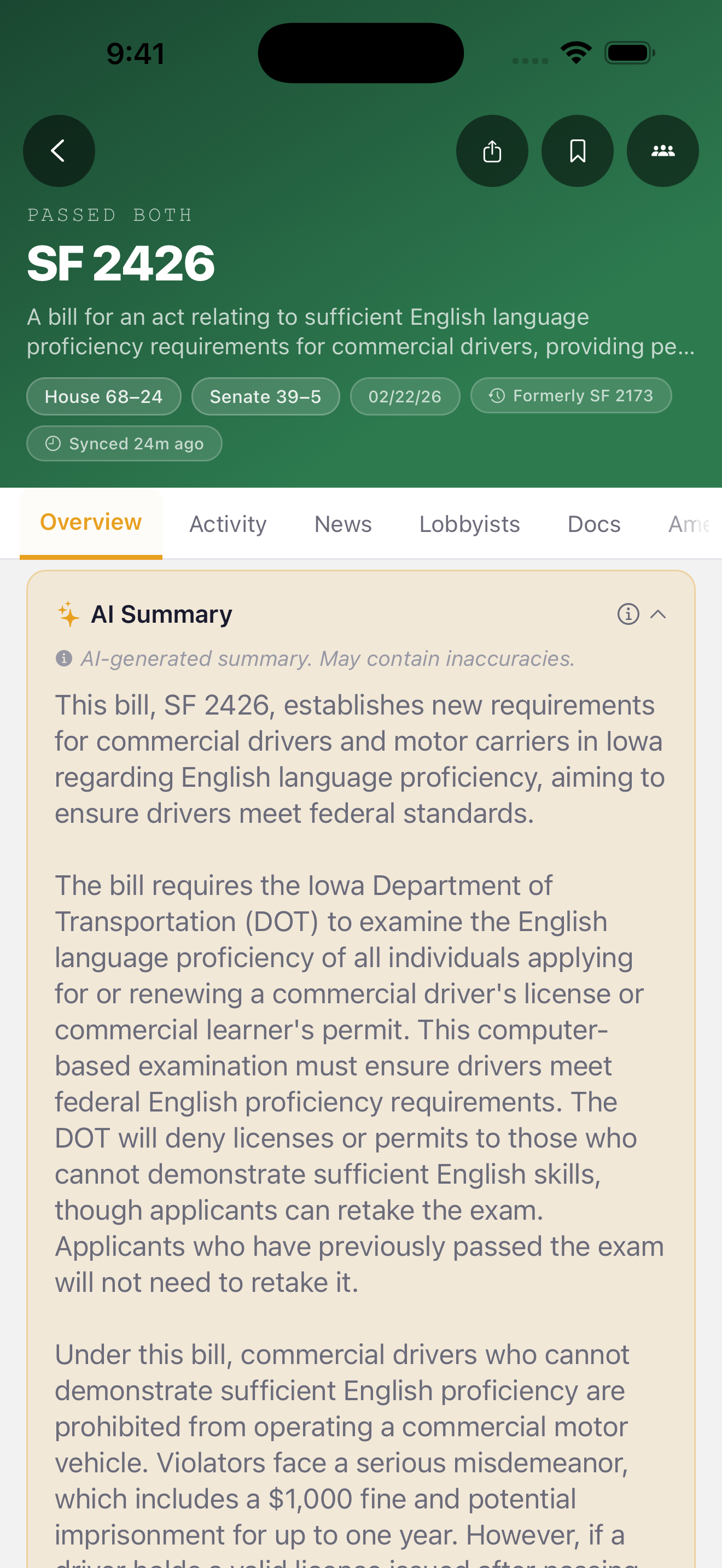 AI bill summary screen