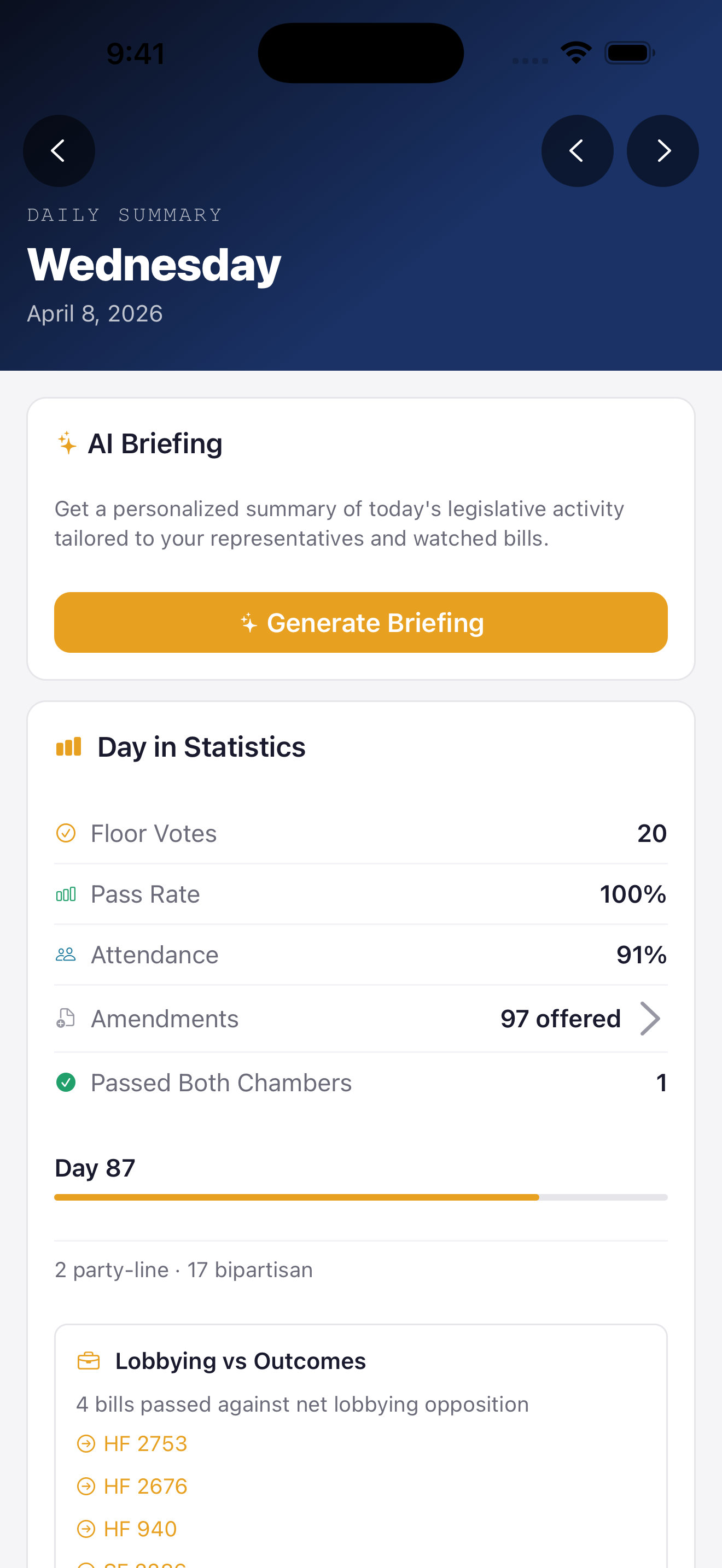 Daily Summary screen