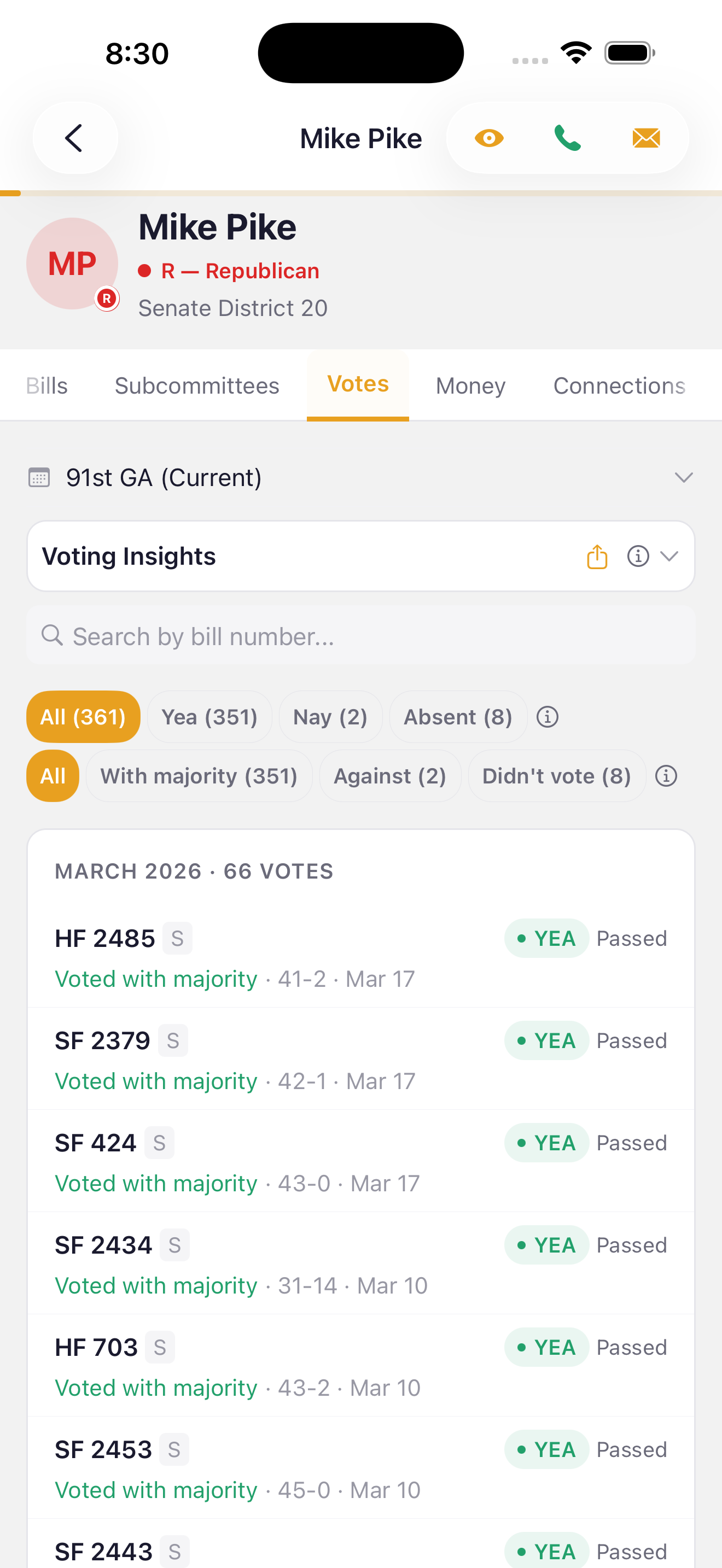 Legislator vote records screen