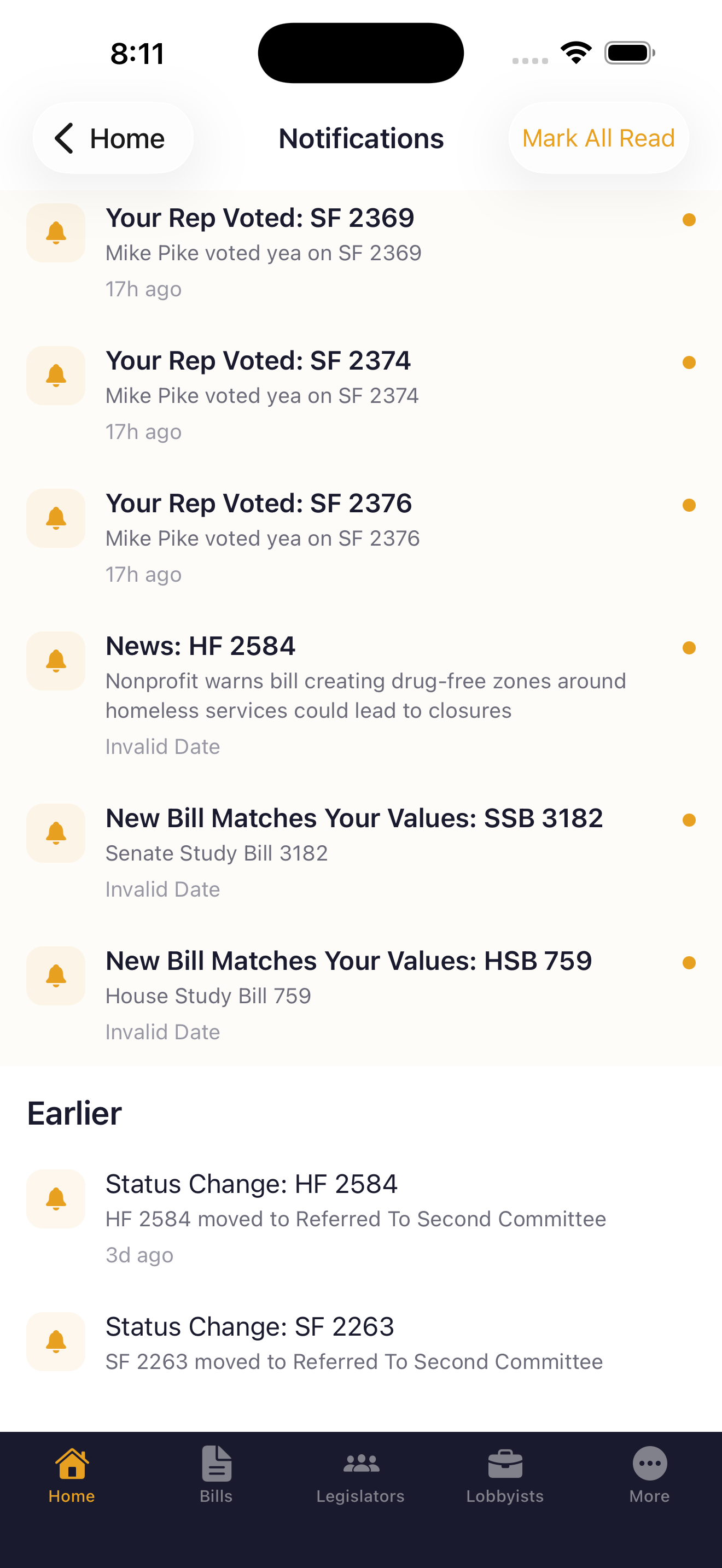 Watchlist and push alerts screen
